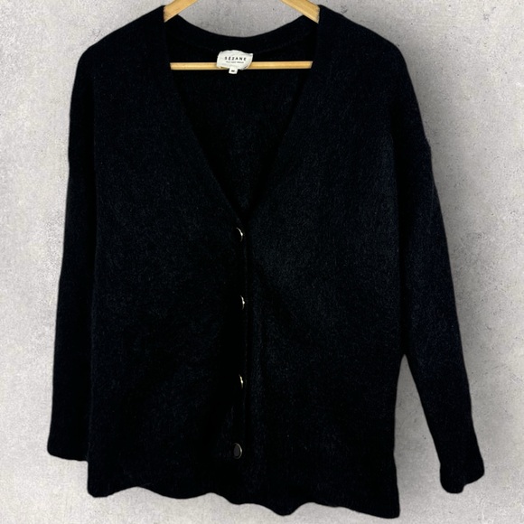 Sezane Black Charles Cardigan Knit Sweater Size Large‎ Mohair V-Neck Merino Wool - Picture 9 of 14
